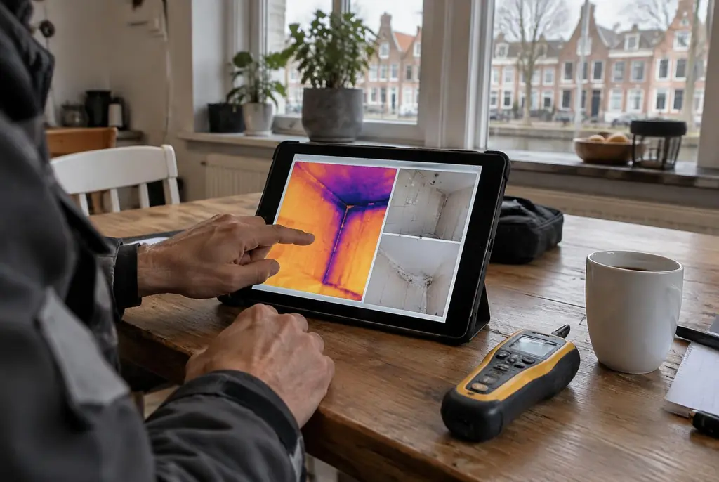 Lekdetectie Vierhouten – lekdetectierapport met warmtebeelden en foto's op een tablet