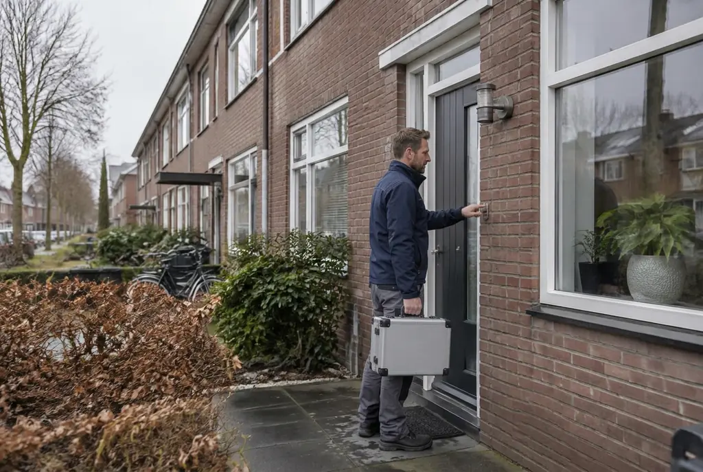 Lekdetectiespecialist met meetkoffer bij de voordeur van een woning in Vierhouten